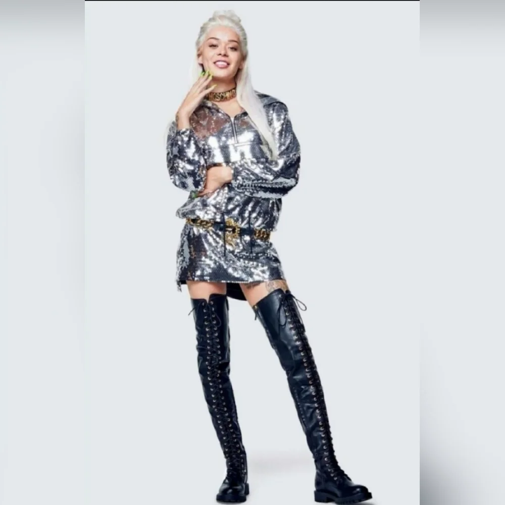 HM X Moschino Leather Thigh-High laced Boots, H&M sz 8.5W EUC